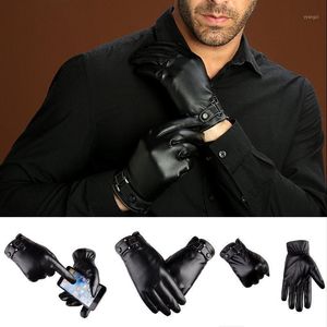 Gants de cyclisme hiver chaud femmes hommes unisexe solide adulte mitaines polaire doublé noir cuir PU moto doigt complet écran tactile1