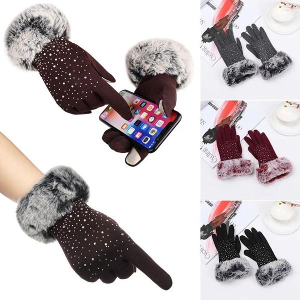 Gants de cyclisme pour femmes, épais et chauds, strass, coupe-vent, mitaines pour écran tactile, cachemire brillant, fausse fourrure