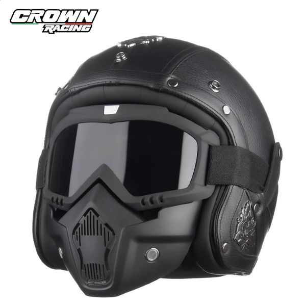 Casques de cyclisme Crown Racing Retro Moto Casque Hommes 3 4 Ouvert Off Road Intégré Dot 231118