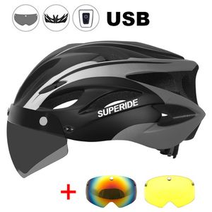 Casques de vélo SUPERIDE Casque de vélo de route rechargeable Hommes Femmes Casque de vélo avec visière Feu arrière Sports VTT Casque de vélo avec lentille TT 230608