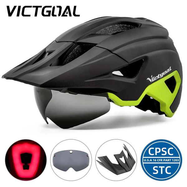 Cascos de ciclismo VICTGOAL LED Casco de bicicleta con visera de gafas de sol LED recargable Hombres Casco de bicicleta Gafas de sol Escudo Road MTB Ciclismo Cascos 231215