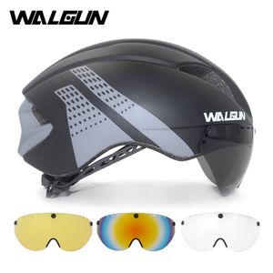 Casques de cyclisme WALGUN Aero casque de cyclisme casque de vélo de route adultes lentille lunettes visière contre la montre TT Triathlon casque de vélo M L pour hommes femmes 230826