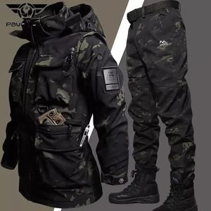 Cycling Jackets Outdoor Tactical Camouflage Sets Mens Winter Fleece Warm Waterproof Windproof Hiking Fishing Hood Jackets Work Pants Suits Male 231204