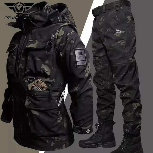 Vestes de cyclisme Ensembles de camouflage tactique en plein air Hommes hiver polaire chaud imperméable coupe-vent randonnée pêche capuche vestes pantalons de travail costumes mâle 231124