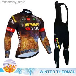 Cycling Jersey Sets 2023 JUMBO VISMA Maillot de cyclisme ensemble hiver thermique Fece vêtements de cyclisme longue Seve hommes costume de vélo de route vtt Maillot Culotte Q231107