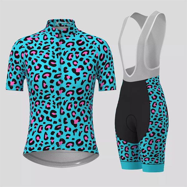 Conjuntos de jersey de ciclismo 2023 Verano Azul Estampado de leopardo Kit de mujer Transpirable Secado rápido Conjunto femenino Mangas cortas 230725