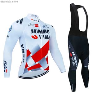 Cycling Jersey Sets 2024 Jumbo Visma Team Cycling Jersey Set Long Seve Spain Tour Red Cycling Vintage Clothing Road Race Bike Jacket Suit MTB L48