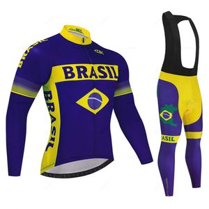 Ensembles de maillots de cyclisme Brésil respirant équipe à manches longues ensemble pantalon à bretelles Ropa Ciclismo vêtements de vélo vtt vélo uniforme hommes vêtements 231102