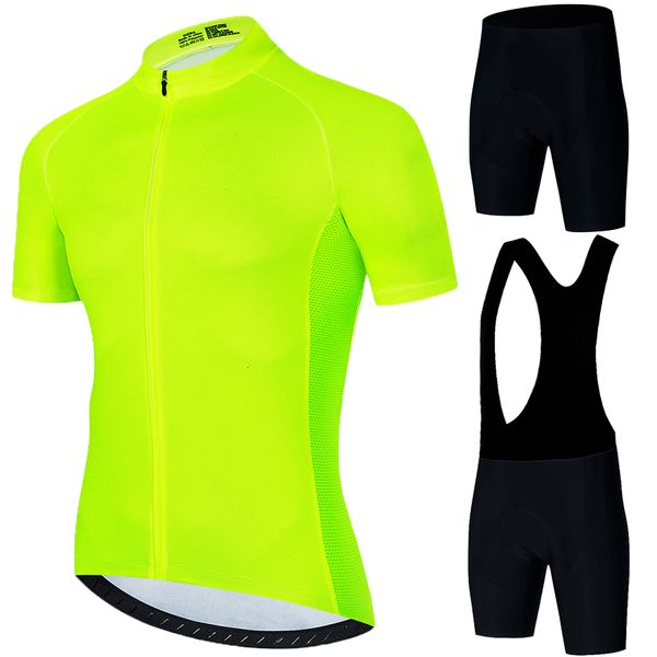 Maillot de cyclisme ensembles jaune Fluorescent été hommes AntiUV ensemble respirant course Sport vélo vêtements 230706