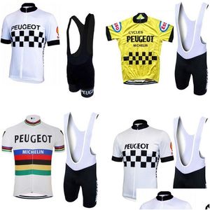 Wielertrui Sets Molteni Peugeot Nieuwe Man Wit/Geel Vintage Set Korte mouw Kleding Rijkleding Pak Fietskleding Shorts Gel Dhpfz