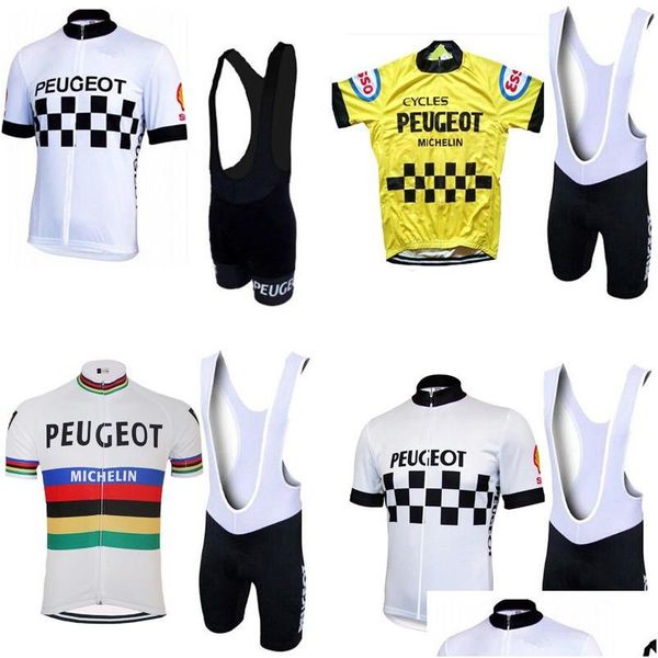 Maillots de cyclisme Ensembles Molteni Peugeot Nouvel Homme Blanc / Jaune Vintage Set Vêtements à manches courtes Vêtements d'équitation Costume Bike Wear Shorts Gel Dhpfz