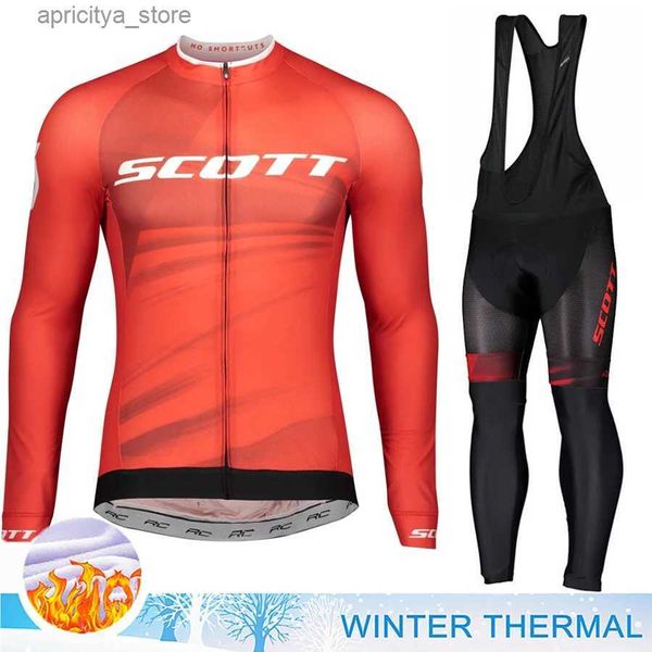 Jersey cycliste sets Scott Cycling Man Mens Pants Gel Shirt Long Seve Sportswear Winter Thermal Fece Jersey Tricuta MTB Professional Bib Suit L48