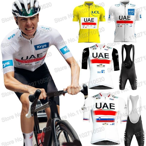 Ensembles de maillots de cyclisme TDF UAE Team 2023 Ensemble à manches courtes Tadej Pogacar Blanc Vêtements Chemises de route Costume Cuissard à bretelles VTT Maillot 230801