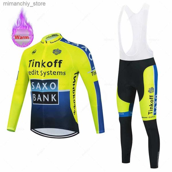 Conjuntos de camisetas de ciclismo Tinkoff-Cycling Jersey Set Road Racing Bike Traje Thermal Fece Tops Ropa de invierno Ropa de ciclismo New Saxo Bank Q231107