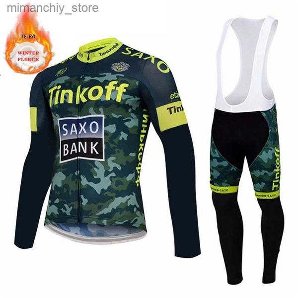 Conjuntos de jersey de ciclismo Tinkoff Saxo Bank Equipo Invierno Térmico Fece Ropa de ciclismo Traje de jersey para hombres Bicicleta de equitación al aire libre 2024 Ropa Pantalones de babero cálidos Q231107