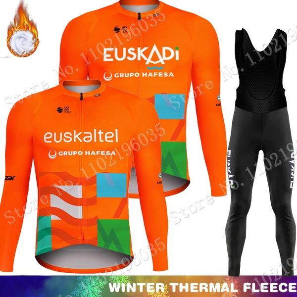 Maillot Cyclisme Ensembles Hiver Euskaltel Euskadi Équipe Maillot Cyclisme Ensemble Orange Vêtements Costume Hommes Manches Longues VTT Vélo Route Pantalon Bib Ropa Maillot 230725