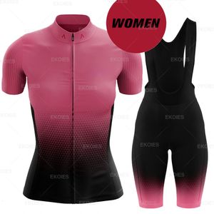 Ciclismo Jersey conjuntos mujer ropa RAUDAX Rosa verano manga corta 19D babero pantalón conjunto mujer transpirable MTB bicicleta desgaste 230620