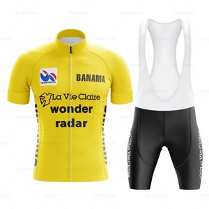 Wielertrui Sets WONDER Retro Geel Kleur bars Set Klassieke Fiets Pak Fiets Korte Mouw Heren Bib Shorts Kleding Por Team Gel 230706