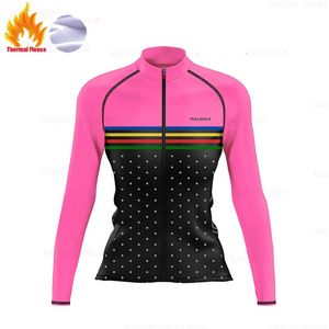 Cyclisme dessus de chemise rose point dame hiver cyclisme maillot femmes manches longues thermique polaire vélo maillots Ropa Ciclismo Mujer femme vêtements de sport vêtements 231011