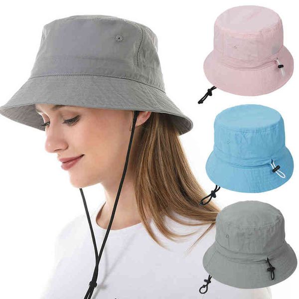 Cyfjfc Mujer Solid UV Protection Bucket Hat Summer Beach Outdoor Panama Fisherman Cap Ingileno de mujeres G220311