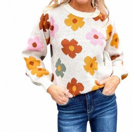 Cyiexi Casual Femmes Plus Taille Pull Motif Floral Col Rond Lg Manches Cardigan Chandails Grande Taille Garniture Côtelée Tops XL-3XL k1p5 #