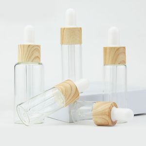 Cylindre transparent 5 ml 10 ml 15 ml rond en verre transparent flacon compte-gouttes d'huile 20 ml avec dessus en grain de bois