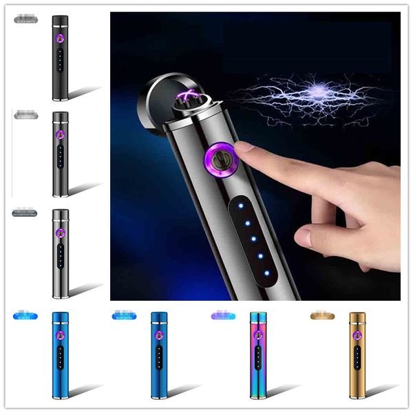 Cilíndrico USB USB Metal Lighter Electronic cigarrillos Fumar encendedores recargables de doble arco 10 tipos con pantalla de potencia de caja de regalo