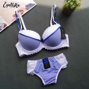 Cynthra lingerie sets sexy kant grote maat verstelbare schouderriem vrouwen beha gestreept ademende plus ondergoed bh panty set x0526