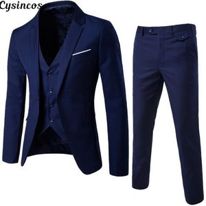 Cysincos Mens Fashion Slim Suits Mens Business Casual Clothing Groomsman Drie-delige pak Blazers Jacket Pants Sets