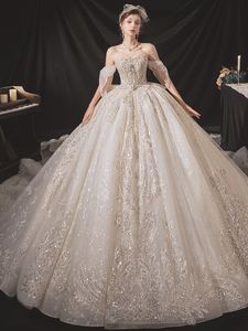 Vestido de novia brillante de lujo con cuentas Cystal, vestidos de novia africanos de manga larga con hombros descubiertos y lazo grande, vestido de novia de tren desmontable, vestidos de novia de cristal de lujo