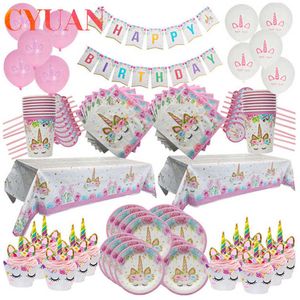 CYUAN Licorne Party Fournitures Vaisselle Set Licorne Nappe Papier Tasses Serviette Bannière Gâteau Topper Mariage Baby Shower Décor 211018