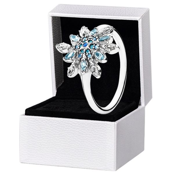 CZ diamant bleu flocon de neige anneaux 925 en argent sterling femmes bijoux de mariage pour pandora petite amie cadeau bague avec boîte d'origine ensemble