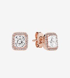 Pendiente de diamantes CZ para mujer, joyería de moda chapada en oro rosa para P 925, aretes de plata con halo de brillo cuadrado transparente con caja original 3720505