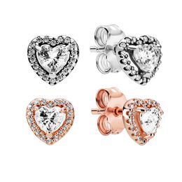 CZ Diamond Elevated Heart Stud Pendientes con caja original para Pandora 925 Sterling Silver Mujeres Joyería de boda Love Hearts Rose Gold Earring Set