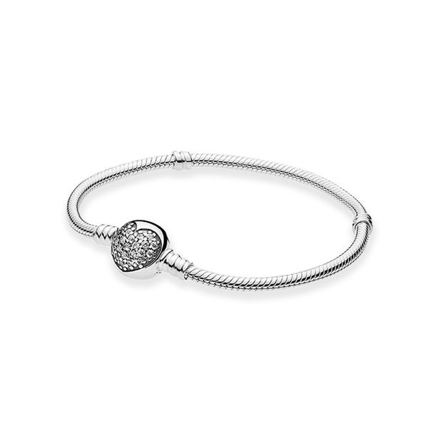 Bracelet à fermoir pavé de coeur en diamant CZ avec boîte d'origine pour Pandora 925 en argent sterling chaîne de serpent bracelets à breloques bijoux de mariage pour femmes filles