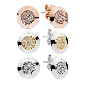 CZ diamante Pave Disc Stud Pendiente Plata real Oro rosa Mujeres Hombres Conjunto de joyería de moda Para pandora novia regalo Pendientes con caja original