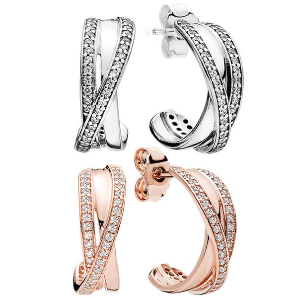 CZ diamant Pave Hoop Earring 925 Sterling Silver Womens Wedding designer Jewelry Set Pour pandora Rose Gold Stud Boucles d'oreilles avec boîte d'origine
