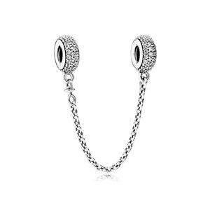 CZ Diamond Pave Safety Chain Charm 925 Sterling Silver pour Pandora Jewelry Snake Chain Bracelet Bangle Making Accessoires Link Or Rose Charm avec Coffret Original