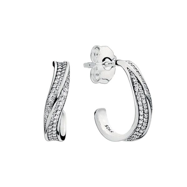 CZ diamant Pave Wave Hoop Boucles d'oreilles en argent sterling 925 Bijoux de fête de mariage pour femmes filles avec boîte d'origine pour Pandora Boucles d'oreilles de fiançailles