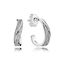 CZ Diamond Pave Wave Stud Pendiente para Pandora Real 925 Joyería de boda de plata esterlina para mujeres Niñas Regalos de compromiso Pendientes de aro de diseño con caja original