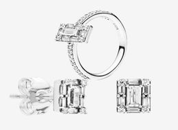 Cz diamante anel brinco conjunto de jóias de casamento 925 prata para espumante quadrado halo brincos anéis com caixa original para women3187871