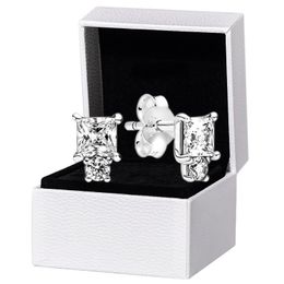 CZ diamant rond carré boucles d'oreilles boîte d'origine pour Pandora Real 925 Silver Wedding Earring