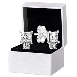 CZ diamante redondo cuadrado Stud pendientes caja original para Pandora Real 925 plata boda pendiente