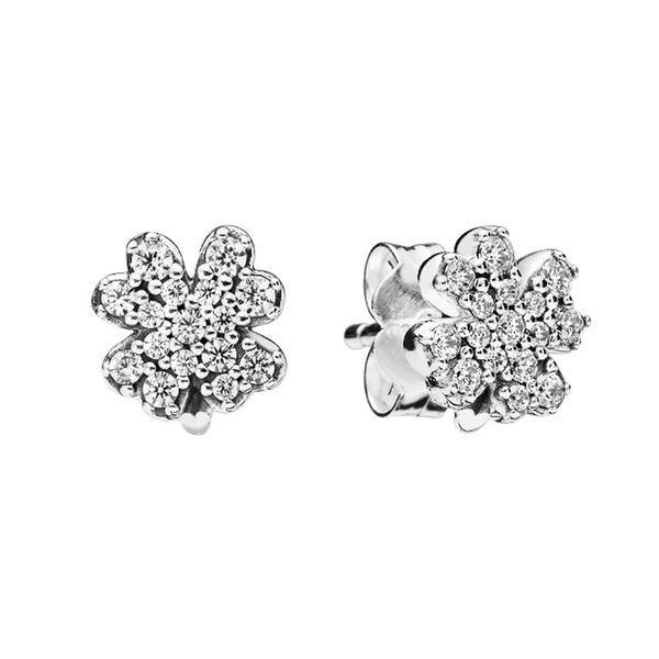 Pendiente de trébol brillante con diamantes CZ, joyería de compromiso de plata de ley real para mujer con caja original para pandora Pave Flowers Earring Set