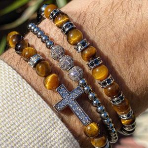 CZ Pave Cross Charm Natural Stone Tiger Eye Bracelets perled pour les hommes Boyfriend Saint Valentin Gift Regalo de San Valentin Novio