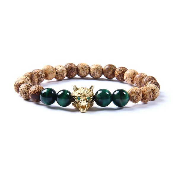 Pulsera con cuentas de lobo Cz, venta al por mayor, 10 unids/lote, 8mm, ónix marrón Natural resistente a la intemperie y pulseras de piedra de ojo de tigre verde para hombres