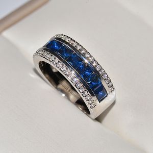 CZ Zirkon Designer Chinese ringen voor vrouwen Koreaanse mode Sier Shining Crystal Blue Square Diamond Stone Anillos Love Finger Ring Sieraden