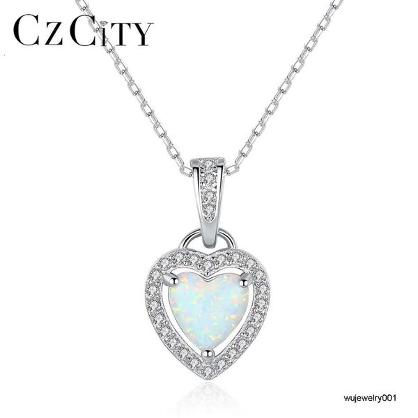 CZCITY délicat opale pierre coeur pendentif collier 925 en argent Sterling chaîne lien collier femmes bijoux