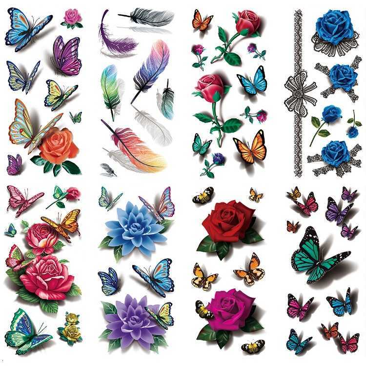 D 다채로운 나비 장미 꽃 칼라 팔 마스크, 섹시한 시뮬레이션 물 전송 사진 방수 문신 스티커