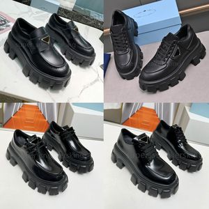 Zapatos de diseñador superior Hombres Mujeres Plataforma de cuero de vaca suave Zapatillas de deporte Mocasines Goma Negro Cuero brillante Chunky Cabeza redonda Monolito Zapatilla de deporte Zapato inferior grueso con caja 35-46